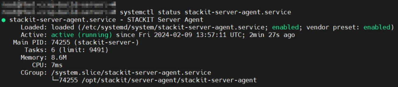 Linux terminal output showing the status of the 'stackit-server-agent.service' as 'active (running)' with systemctl.