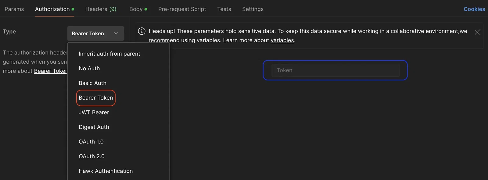 Screenshot of the "Authorization" tab configuration in Postman. The authorization type dropdown list is expanded on the left, with the "Bearer Token" option highlighted inside a red box. On the right, the empty "Token" input field is highlighted with a blue box.