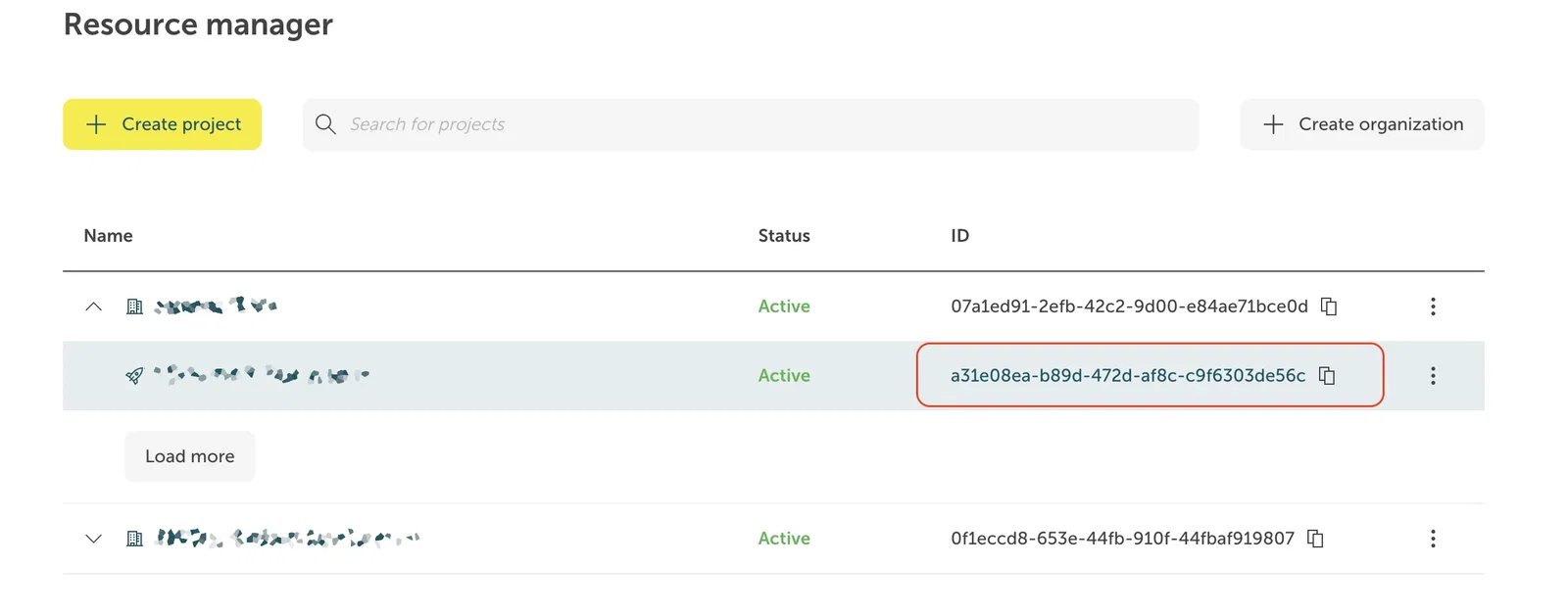 Screenshot of the Resource manager view in the STACKIT Portal. It displays a list of projects with columns for Name, Status, and ID. In the second row, the UUID value under the ID column is highlighted inside a red rounded box with a copy icon next to it, demonstrating how to find the Project ID.