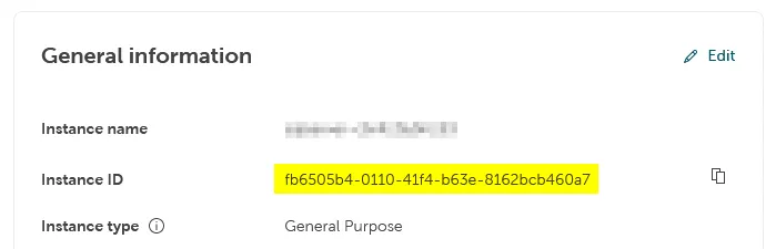 Screenshot of the "General information" section on an instance overview page in the STACKIT Portal. The string of text representing the "Instance ID" is highlighted with a bright yellow background, with a copy-to-clipboard icon situated directly to its right.