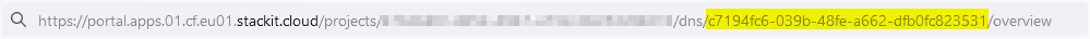 Screenshot of a web browser's address bar showing a STACKIT Portal URL. Within the URL path, the UUID segment located between "/dns/" and "/overview" is highlighted with a bright yellow background, demonstrating how to extract the instance ID directly from the browser's address field.