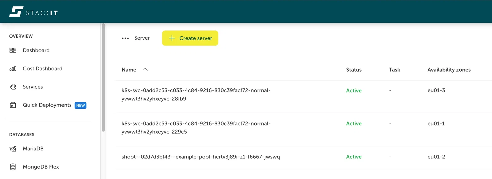 A screenshot of the STACKIT Cloud Portal user interface, showing the Server view with three servers, two of which act as Kubernetes network load balancers.