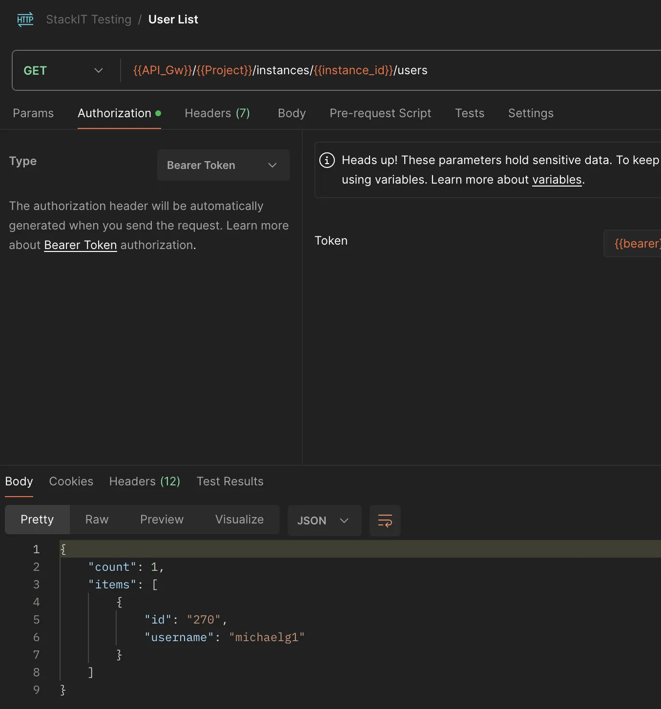 Screenshot of the Postman interface displaying a GET request response under the collection "StackIT Testing / User List". The top section shows the active "Authorization" tab configured with a Bearer Token type. The bottom response panel displays a JSON payload containing an item count of 1 and an array element with the user properties '"id": "270"' and '"username": "michaelg1"'.