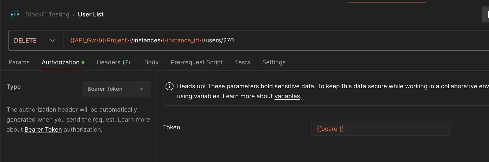 Screenshot of a DELETE request configuration in Postman under the folder path "StackIT Testing / User List". The HTTP method is set to "DELETE" and the URL endpoint path ends with "/users/270". Below the URL, the "Authorization" tab is open and configured with a Type of "Bearer Token", showing a token field containing the variable placeholder "{bearer}".