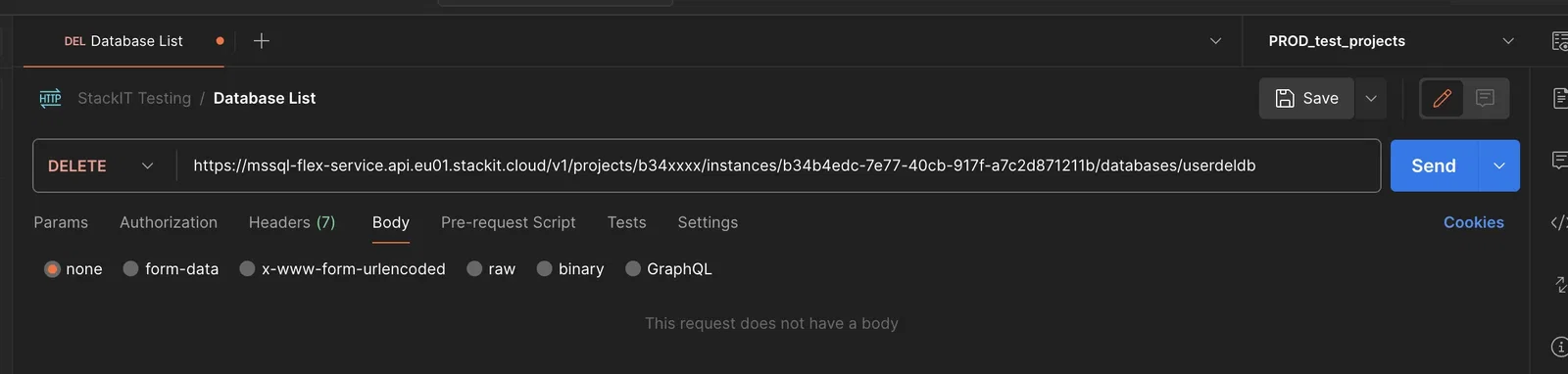 Screenshot of a configuration window in Postman configured for a DELETE request. The HTTP method drop-down is set to "DELETE" and the URL bar contains the endpoint path ending in "/databases/userdeldb". Below the URL bar, the "Body" tab is active, and the "none" radio button is enabled, with a placeholder text stating "This request does not have a body".