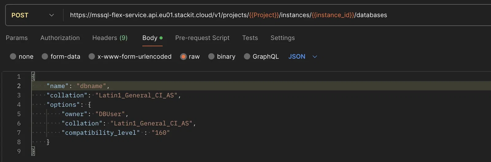 Screenshot of a configuration window in Postman configured for a POST request. The URL bar contains the endpoint path ending in "/databases" with placeholders for Project and instance_id. Below the URL bar, the "Body" tab is active, the "raw" radio button is enabled, and the data type drop-down is set to "JSON". The lower editor panel contains a JSON block specifying database configuration properties like "name", "collation", and "compatibility_level".