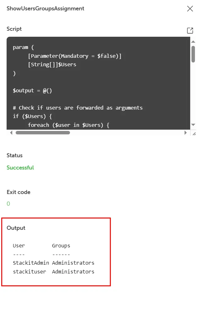 Screenshot of the STACKIT Cloud Portal user interface showing the results of a successfully executed command template. The details pane indicates a "Successful" status in green and an "Exit code" of 0. At the bottom, the "Output" section is highlighted with a red box, displaying a table with two columns ("User" and "Groups") that lists "StackitAdmin" and "stackituser" assigned to the "Administrators" group.