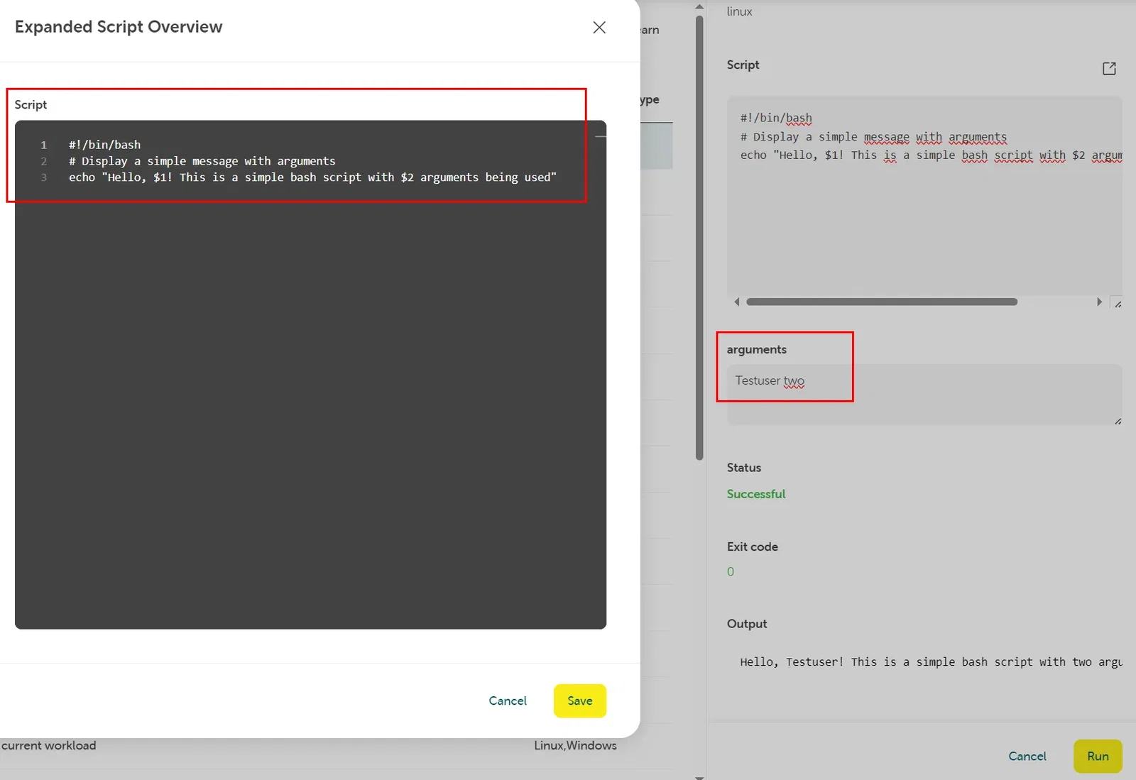 Screenshot of the STACKIT Cloud Portal showing the "Expanded Script Overview" modal window on top of the command execution pane. Inside the modal window, a dark gray "Script" input block contains a multi-line bash script with a shebang header, highlighted with a red box. In the blurred background pane on the right, the "arguments" field is filled with "Testuser two" and is also highlighted with a red box.