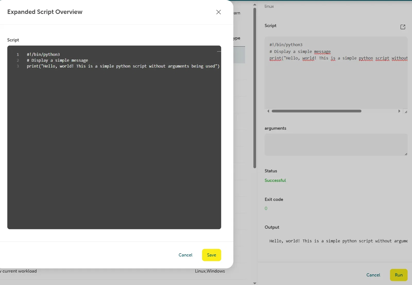 Screenshot of the STACKIT Cloud Portal showing the "Expanded Script Overview" modal window. Inside the dark gray text area, a Python script containing a python3 shebang header and a print statement is displayed. The blurred background execution pane on the right shows that the "arguments" field is left empty, the status is "Successful", and the "Output" section displays the printed message.