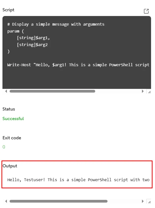 Screenshot of the STACKIT Cloud Portal interface showing the successful results of the PowerShell script execution on a Windows VM. The status reads "Successful" in green, and the exit code is 0. At the bottom, the "Output" section is highlighted with a red box, displaying the greeting message formatted with the passed arguments.