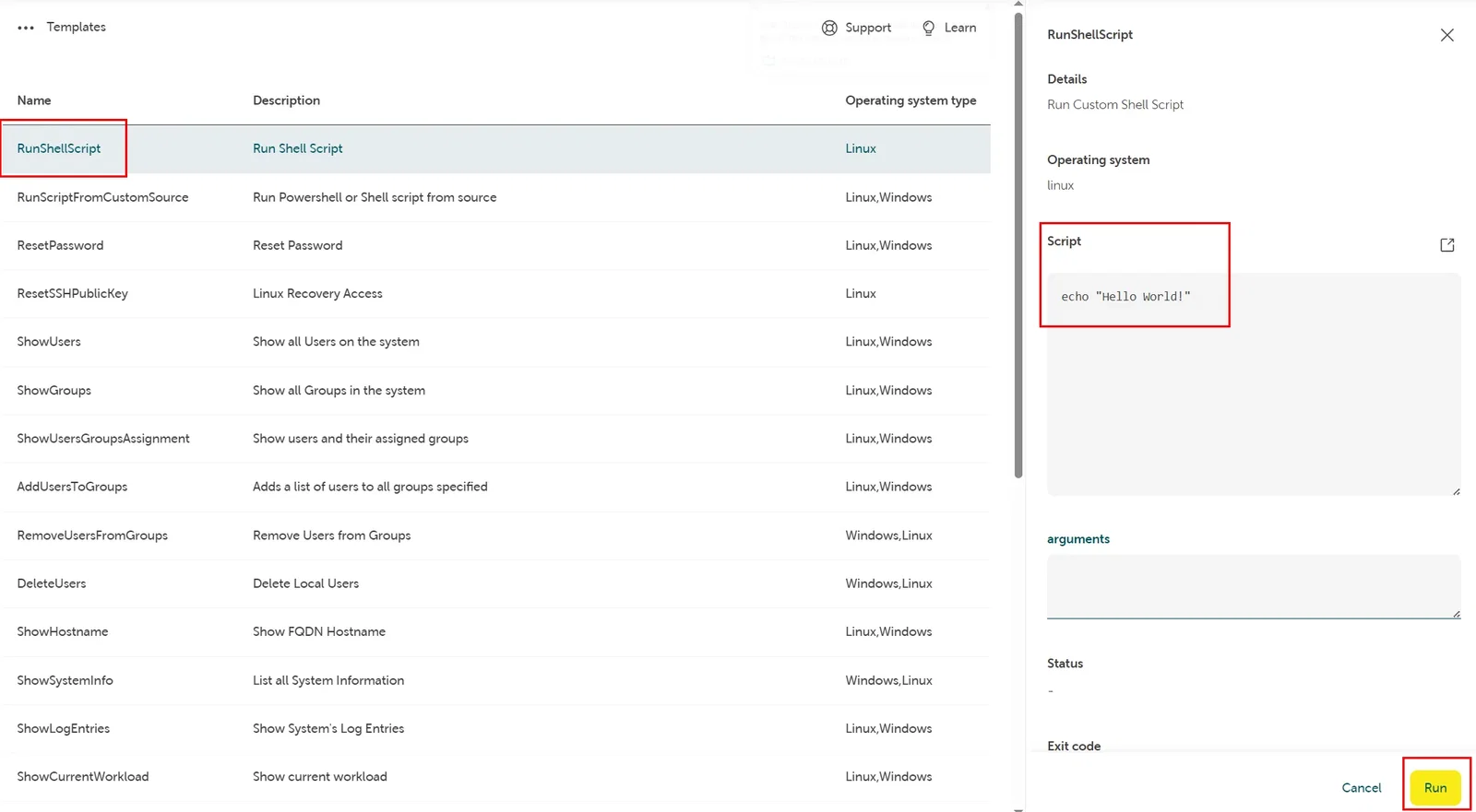 Screenshot of the STACKIT Cloud Portal showing the execution of a custom script on a Linux VM. On the left side, the "RunShellScript" template is selected from the list and highlighted with a red box. On the right side, the details pane displays "echo 'Hello World!'" inside the "Script" field, and the yellow "Run" button at the bottom right is also highlighted with a red box.