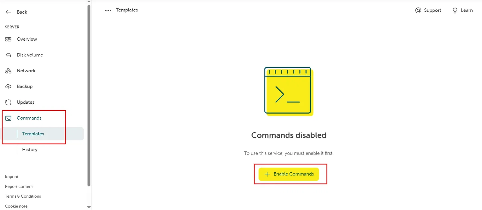 Screenshot of the STACKIT Cloud Portal user interface showing how to enable the Run Command service. On the left sidebar menu under SERVER, the "Commands" section and "Templates" sub-menu are highlighted with a red box. The main area contains a yellow "+ Enable Commands" button at the bottom.