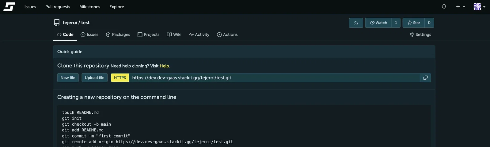 Screenshot of the repository overview page in STACKIT Git for a newly created repository "tejeroi / test". Under the "Code" tab, a "Quick guide" section is visible providing the HTTPS clone URL and command-line instructions for creating a new repository locally, including commands like "git init", "git add README.md", and "git commit".