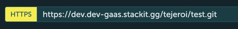 Close-up screenshot of the repository HTTPS clone URL field in STACKIT Git. The text displays the complete repository Git address "https://dev.dev-gaas.stackit.gg/tejeroi/test.git" with a yellow "HTTPS" label on the left.