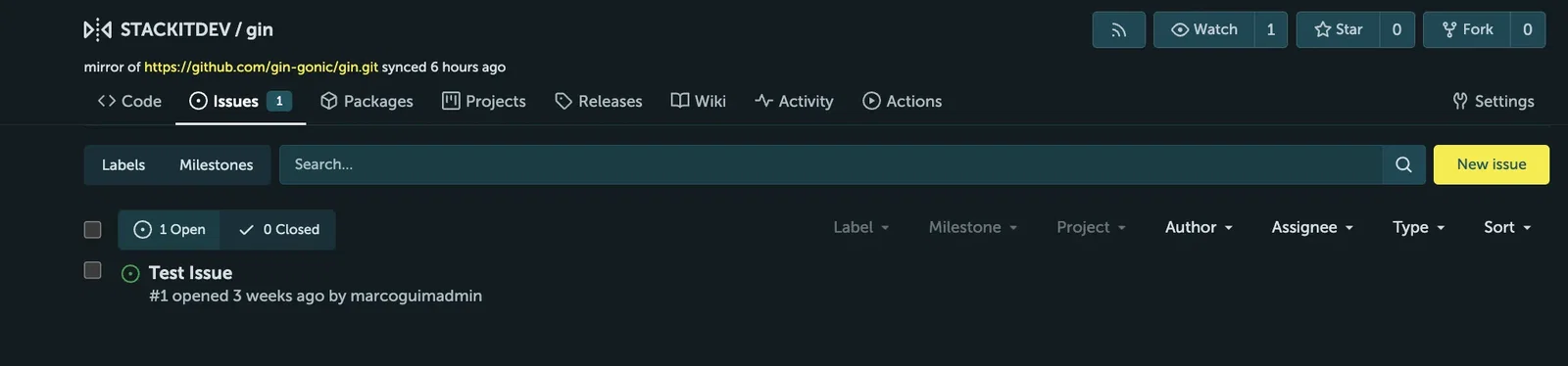 Screenshot of the "Issues" tab in a STACKIT Git repository named "STACKITDEV / gin". The page displays an overview of the issue tracker, featuring a search bar, filtering options like Label, Milestone, and Author, a yellow "New issue" button, and a list showing one open issue titled "Test Issue".