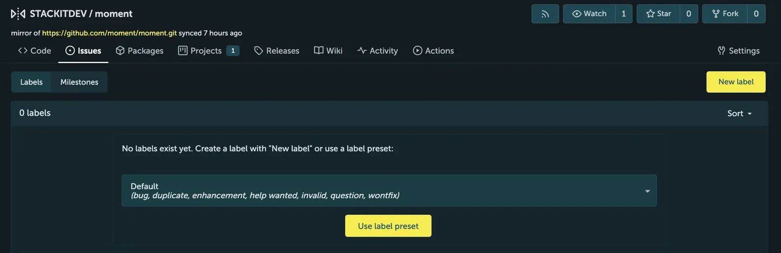 Screenshot of the "Labels" management view under the "Issues" tab in a STACKIT Git repository. The interface shows an empty label state stating "0 labels" and "No labels exist yet." It provides a dropdown menu to select a "Default" label preset containing standard bug, duplicate, or enhancement options, finalized by a yellow "Use label preset" button at the bottom and a "New label" button in the upper right.