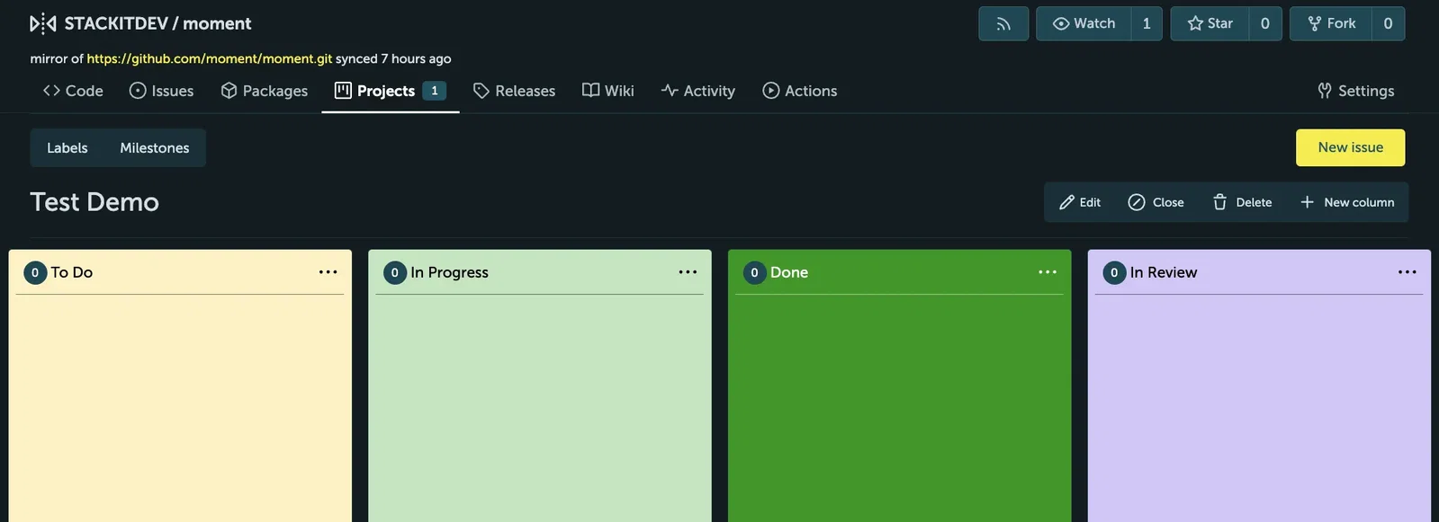 Screenshot of the "Projects" tab in a STACKIT Git repository named "STACKITDEV / moment". The interface shows a Kanban board titled "Test Demo" featuring four distinct color-coded columns for project organization: a pale yellow "To Do" column, a pale green "In Progress" column, a vibrant green "Done" column, and a pale purple "In Review" column.