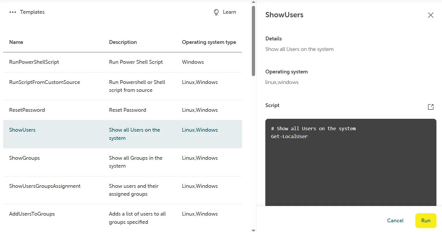 Screenshot of the STACKIT Cloud Portal user interface showing the command templates view. The screen is split vertically: on the left, a list of available template names, descriptions, and operating system types is displayed, with the "ShowUsers" template selected. On the right, a detailed information pane for the selected template displays its supported operating systems, details, and the underlying script code ("Get-LocalUser") inside a dark gray box, with a yellow "Run" button at the bottom right.