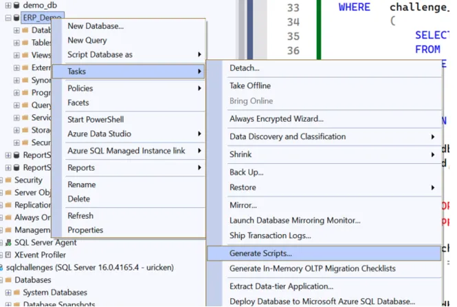 Screenshot of the Object Explorer context menu in SQL Server Management Studio (SSMS). A database named "ERP_Demo" is right-clicked, opening the first context menu where the "Tasks" option is highlighted. This expands a secondary multi-option menu on the right, where the "Generate Scripts..." option is also highlighted.