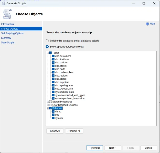 Screenshot of the "Choose Objects" step within the "Generate Scripts" wizard in SQL Server Management Studio (SSMS). The option "Select specific database objects" is active, showing an expanded tree view where all database tables under the "Tables" node and several custom database schemas under the "Schemas" node are selected with blue checkmarks.