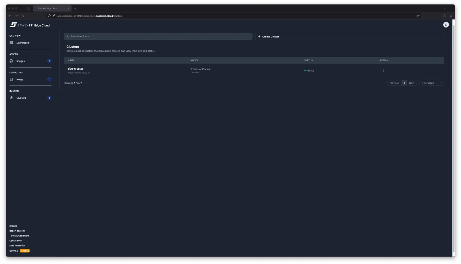 STACKIT Edge Cloud Dashboard: Clusters List (Single Multi-node Cluster). A screenshot of the STACKIT Edge Cloud web interface's Clusters overview page. A single cluster named doc-cluster is listed. It has 2 Control Plane and 1 Worker node. The cluster's Kubernetes version is v1.30.0, and its Status is Ready (indicated by a green dot). The search bar is empty, showing one result out of one.