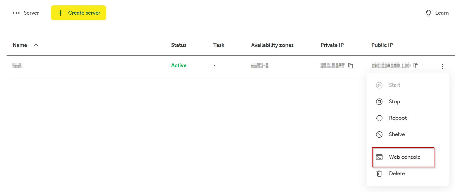 Screenshot of the STACKIT Cloud Portal server overview page. It displays a list with an active server, showing its status, availability zone, and IP addresses. On the far right of the server row, the context menu (three vertical dots) is open, and the option "Web console" is highlighted with a red box.