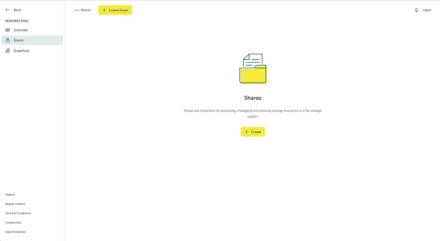 Screenshot of the initial empty "Shares" section within a resource pool configuration in the STACKIT Portal. The left navigation panel has the "Shares" tab selected. The main interface features a central folder icon, followed by a description about accessing and managing storage resources via shares. Two yellow buttons are available to proceed: a "Create Share" button at the top and a "Create" button located directly below the explanatory text.