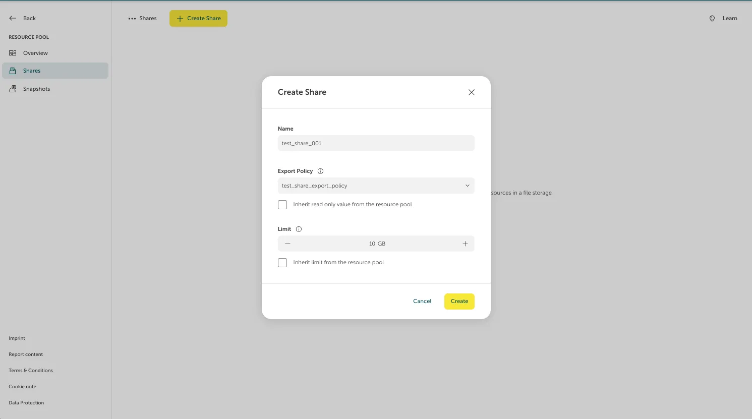 Screenshot of the "Create Share" modal configuration window in the STACKIT Portal. The form contains an input field for Name set to "test_share_001", a dropdown selection for Export Policy set to a test policy, and an adjustable Limit counter set to "10 GB". At the bottom right corner of the dialog, a green "Cancel" link and a yellow "Create" button are visible.