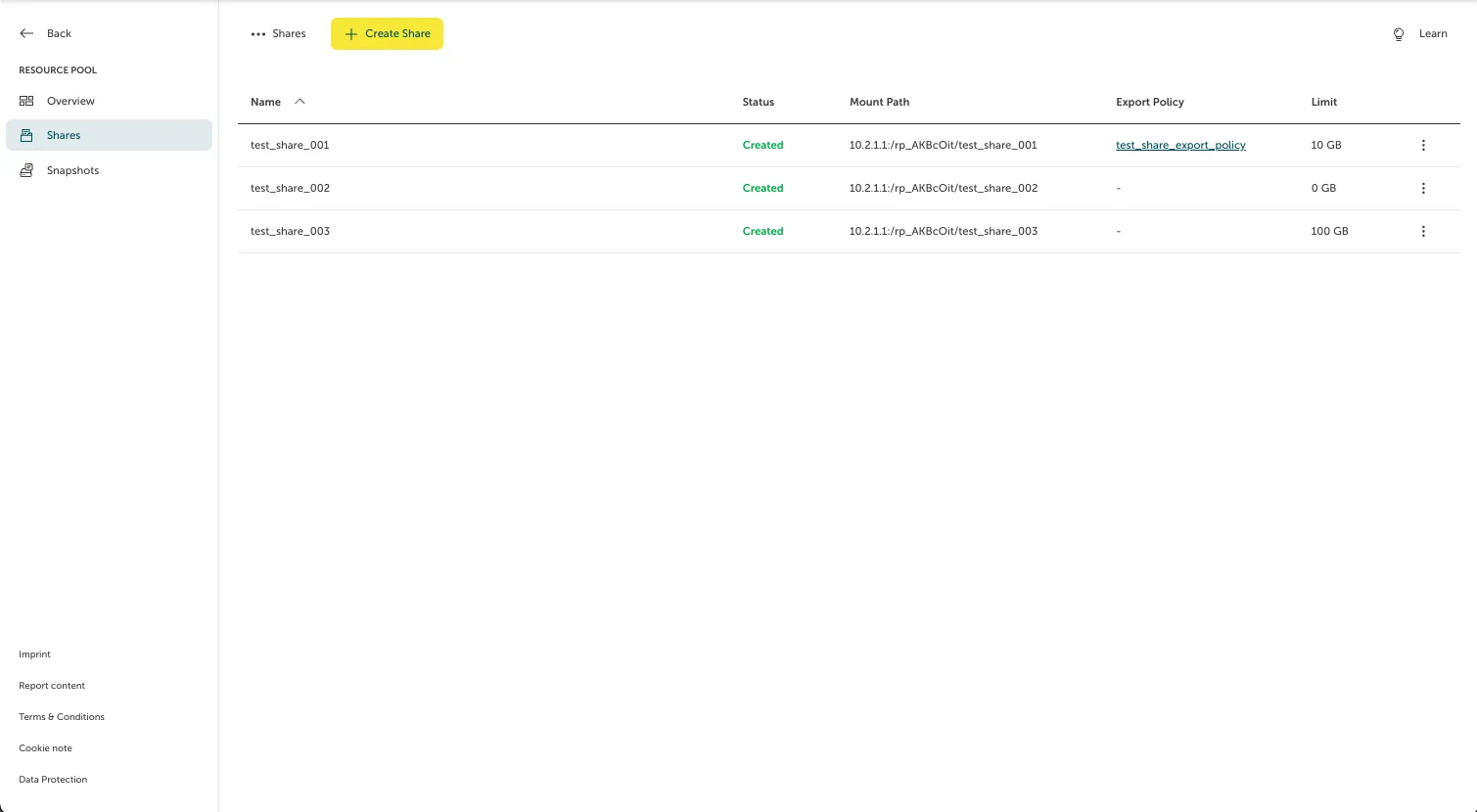 Screenshot of the "Shares" overview tab under a specific resource pool section in the STACKIT Portal. The interface contains a yellow "Create Share" button at the top and a table listing three active shares. All shares display a green "Created" status along with their full network mount paths. One of the shares has a hyperlinked export policy assigned and a limit of 10 GB, while the others show limits of 0 GB and 100 GB respectively.