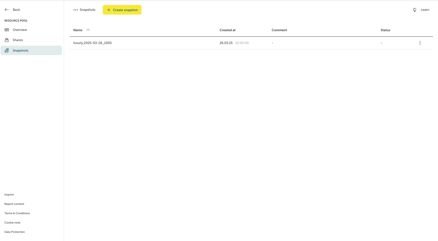 Screenshot of the "Snapshots" overview page under a resource pool section in the STACKIT Portal. The left navigation panel has the "Snapshots" tab highlighted. The main area contains a yellow "Create snapshot" button at the top and a table displaying one existing snapshot row with the name "hourly.2025-03-26_1005", created on "26.03.25 10:05", with empty comment and status placeholders.