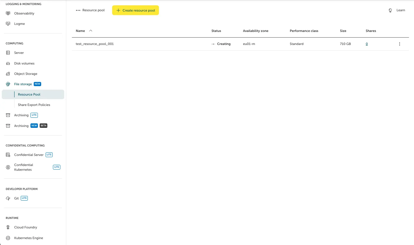 Screenshot of the "Resource pool" overview table in the STACKIT Portal interface, showing the creation progress. The table lists the newly created resource pool "test_resource_pool_001" with a temporary loading status of "Creating" alongside three animated dots. The item details indicate it is being deployed in availability zone "eu01-m" with the "Standard" performance class and a size of "710 GB".