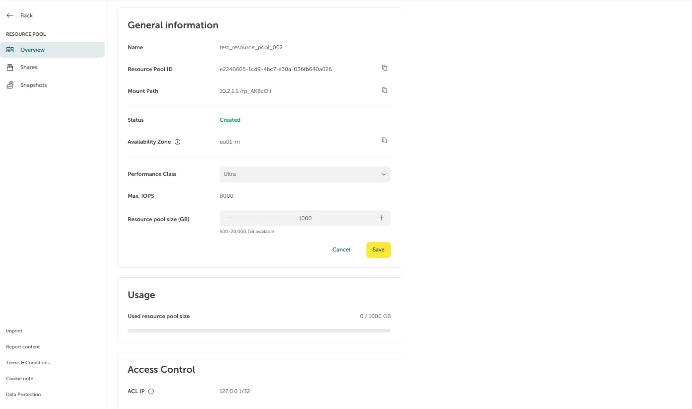 Screenshot of the active editing mode for the "test_resource_pool_002" configuration page in the STACKIT Portal. Within the "General information" card, the "Performance Class" field is now an editable dropdown menu changed to "Ultra" (showing Max. IOPS updated to 8000), and the "Resource pool size (GB)" field is adjustable with plus and minus buttons showing a value of 1000. At the bottom right of the card, a green "Cancel" link and a yellow "Save" button are available to persist or discard the changes.