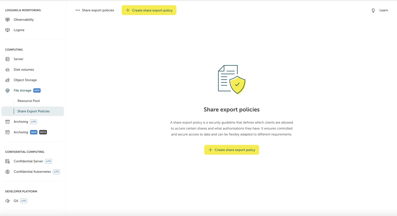 Screenshot of the initial empty "Share export policies" landing page in the STACKIT Portal. The left-hand navigation column highlights "Share Export Policies" under the "File storage" category. The main panel features a central security graphic of a document and a shield with a checkmark, followed by an explanatory text about access rules for shares. Two yellow "Create share export policy" buttons are visible—one at the very top and one underneath the description.
