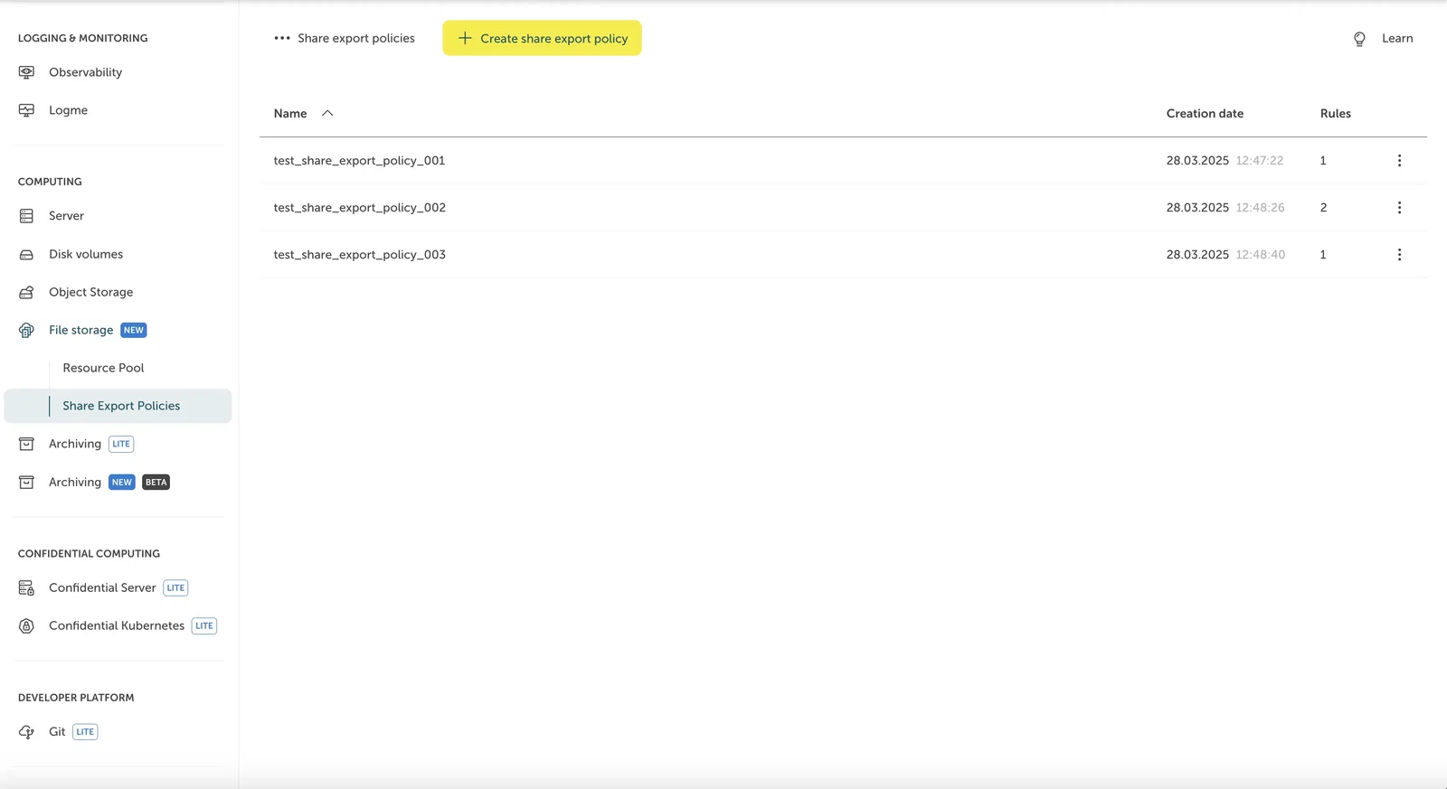 Screenshot of the "Share export policies" overview dashboard in the STACKIT Portal. The left-hand navigation pane shows "Share Export Policies" selected under the "File storage" section. The main table lists three active policies, each showing its creation date, and the number of configured rules. At the top, a yellow "Create share export policy" button is available.