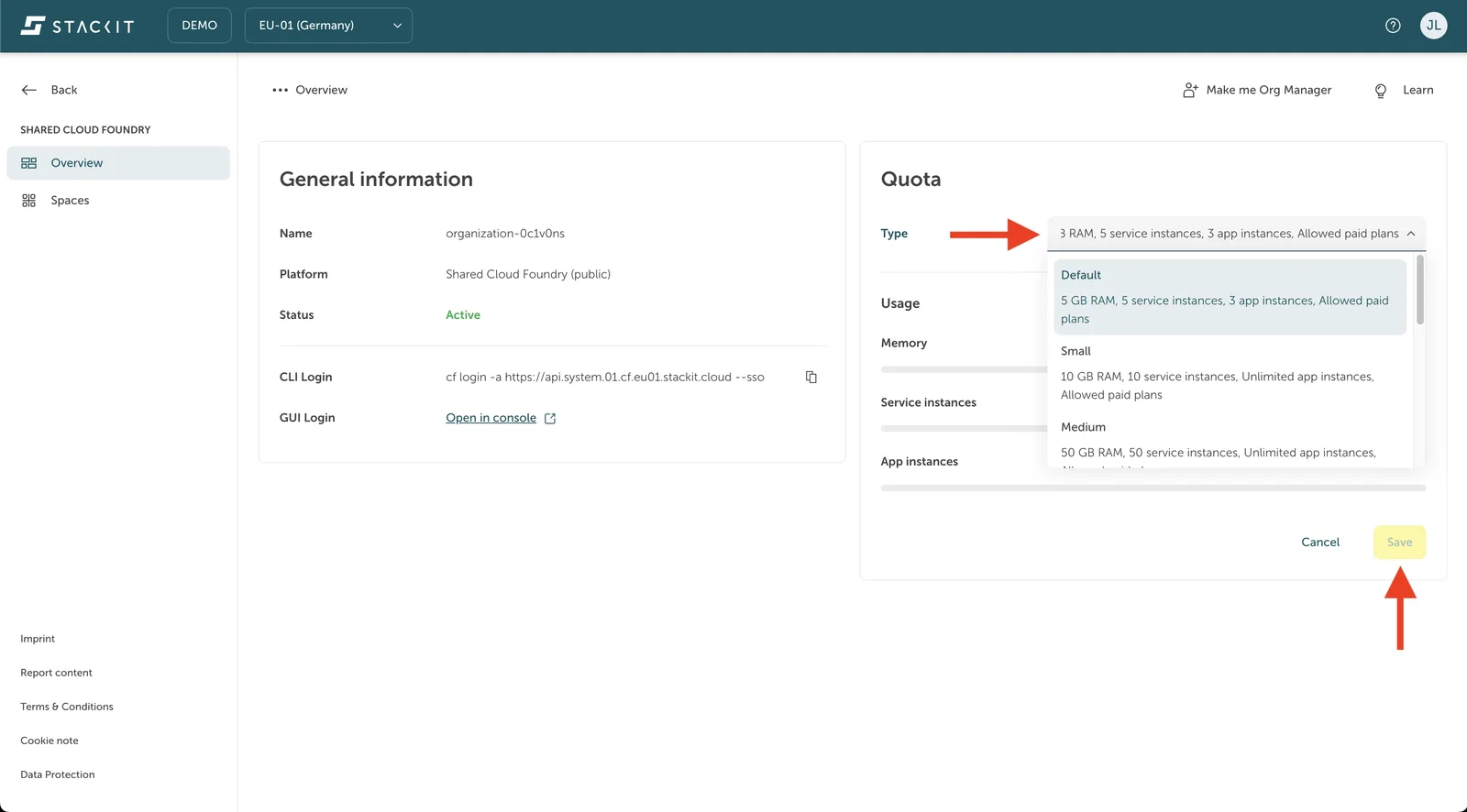 The org quota limit view in the org creation screen of the portal.
