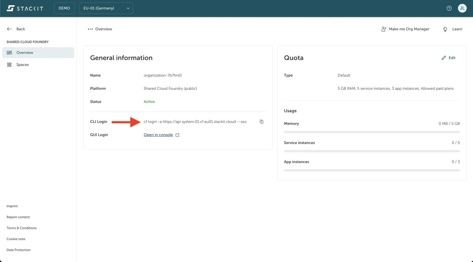 Where you can find the cf login command with the api endpoint in the STACKIT Portal.