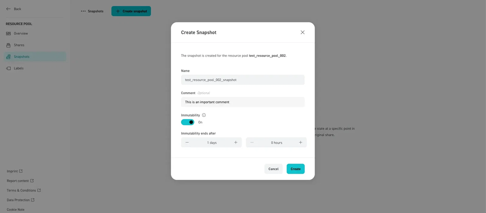 Screenshot of the "Create Snapshot" modal dialog window for the resource pool "test_resource_pool_002" in the STACKIT Portal. The form contains text input fields for the Name set to "test_resource_pool_002_snapshot" and an optional Comment. The "Immutability" toggle switch is set to "On", revealing duration selection controls under "Immutability ends after" configured to "1 days" and "0 hours". At the bottom right, a grey "Cancel" button and a blue "Create" button are visible.