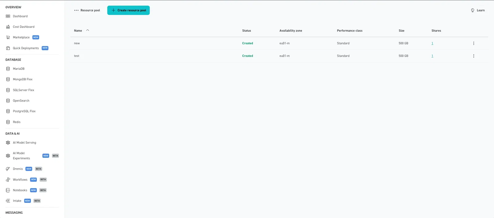 Screenshot of the STACKIT Portal interface showing the "Resource pool" overview under the "File Storage" service. The left navigation panel displays structural categories like Database, Data & AI, and Messaging. The main panel features a blue "+ Create resource pool" button and a table listing active resource pools.