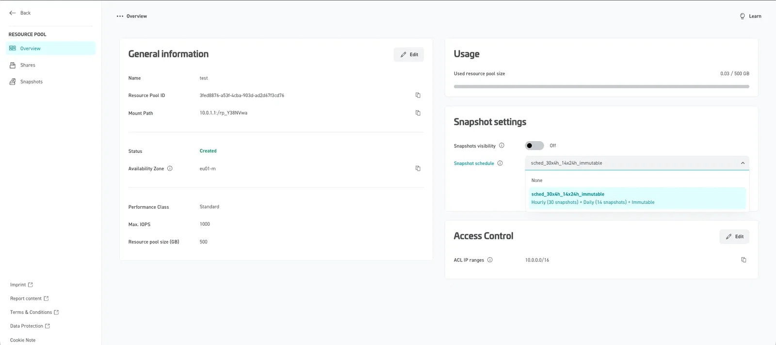 Screenshot of the detailed "Overview" page for a specific resource pool named "test" in the STACKIT Portal. The left column displays "General information" card details such as Resource Pool ID, Mount Path, Status, and Performance Class. On the right, cards for "Usage", "Snapshot settings", and "Access Control" are visible.