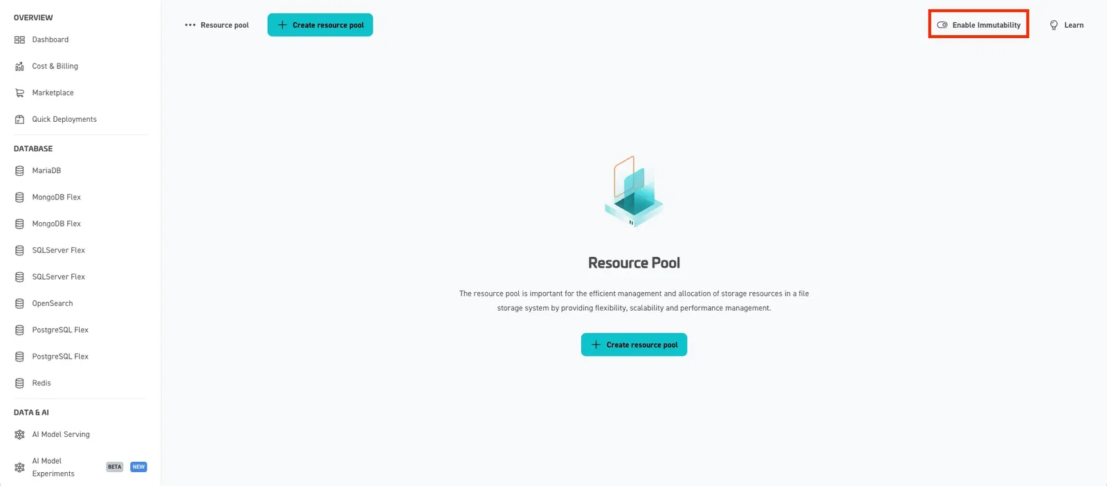 Screenshot of the empty "Resource pool" landing page in the STACKIT Portal. The central area contains an explanatory text about resource pools and a blue "+ Create resource pool" button. In the upper right corner, a toggle switch labeled "Enable Immutability" is highlighted inside a red box.