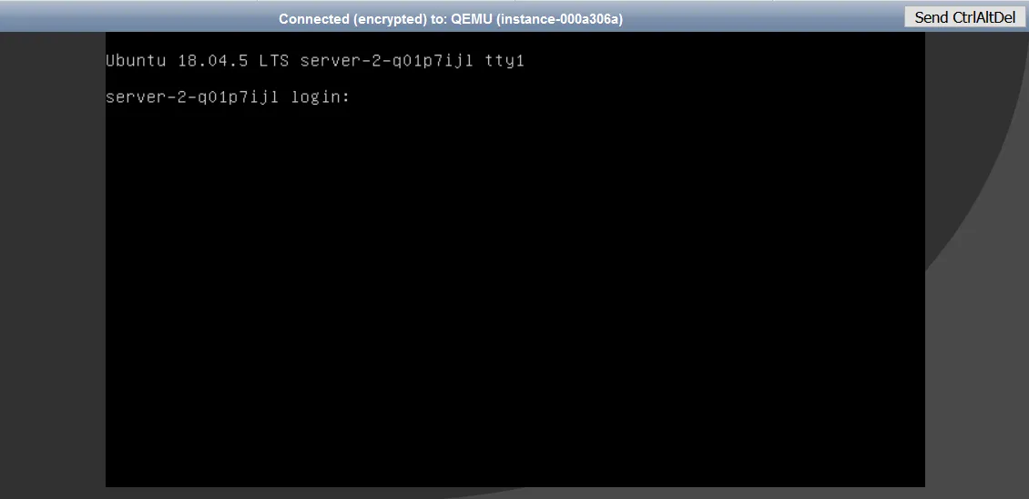 Ubuntu 18.04.5 LTS login screen showing hostname ‘server-2-q01p7ljl’ with tty1 console. The terminal displays a login prompt with a black background and white text.