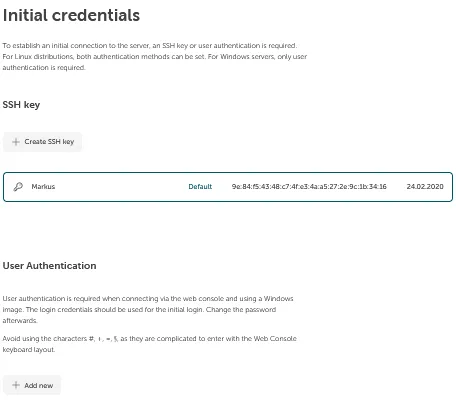 Initial credentials configuration interface with two sections.
