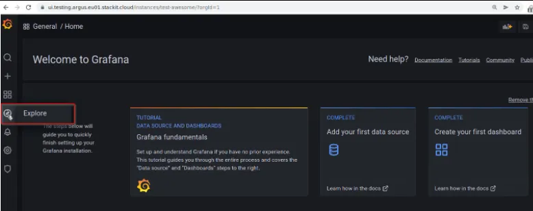 A screenshot of the Grafana "Welcome" home screen in a web browser. The interface is in dark mode. On the left-hand vertical sidebar, a red rectangular highlight emphasizes the "Explore" icon (a compass needle icon), which is the fourth item from the top. The main dashboard area shows getting started tiles: "Grafana fundamentals," "Add your first data source," and "Create your first dashboard." The URL in the address bar indicates a testing environment for the STACKIT Observability service.