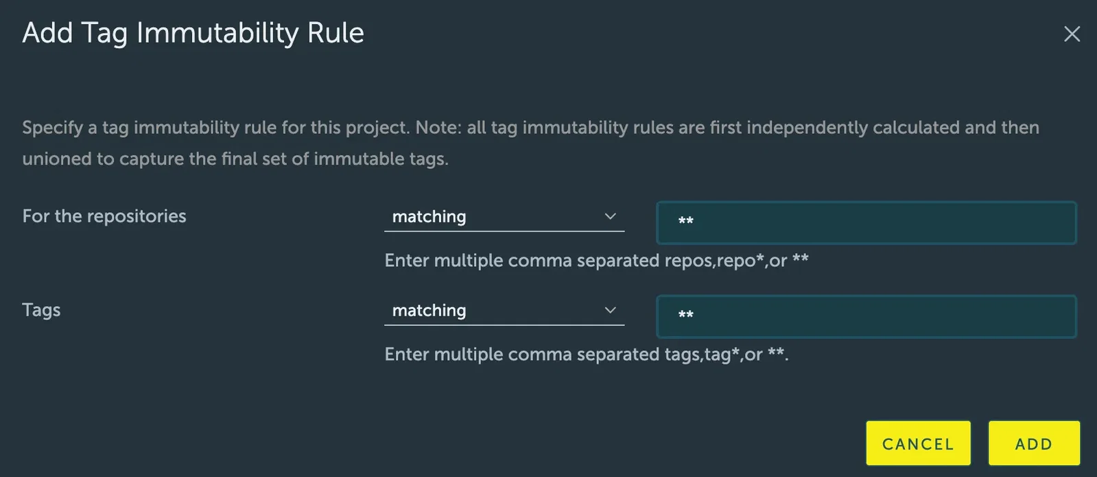 Screenshot of the "Add Tag Immutability Rule" configuration dialog in the STACKIT Container Registry interface. The dialog contains dropdown selections set to "matching" and text input fields populated with the double wildcard symbol "**" for both repositories and tags. At the bottom right, a yellow "CANCEL" button and an "ADD" button are visible to confirm or dismiss the rule setup.