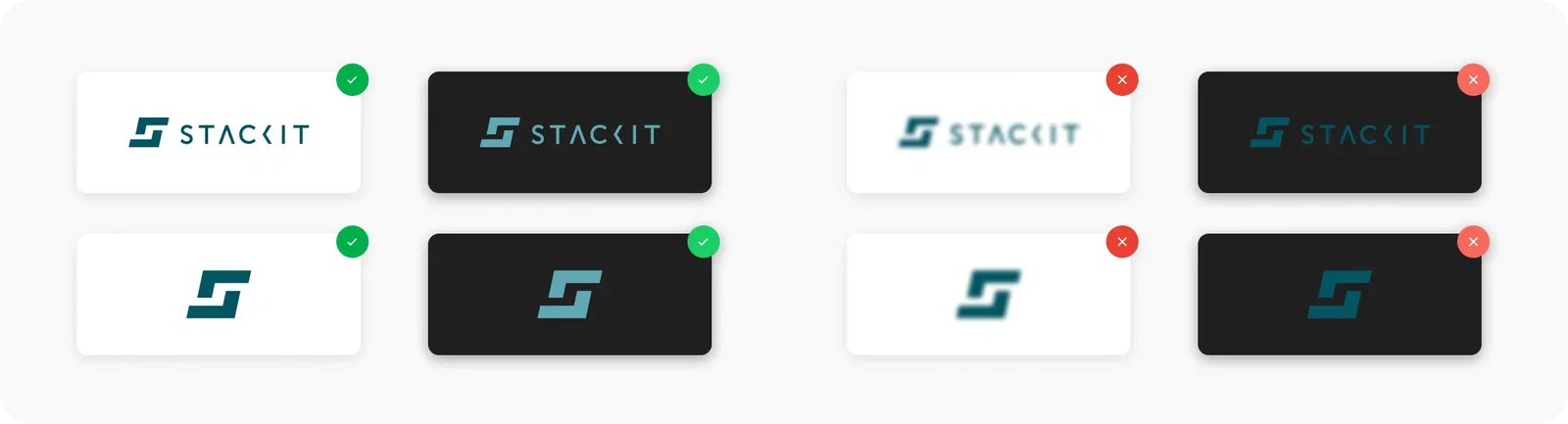 Image showing good and bad examples of logos. On the left the good examples, where logos are clearly visible in all variants and designs. On the right are the bad examples, where logos are in low resolution or without high contrast are not clearly visible.