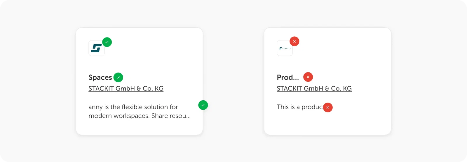 Image showing a good and bad example. The good product tile on the left contains a clearly visible logo and appealing, clear information. The bad product tile on the right contains a hard-to-see logo, and the labels are too generic.