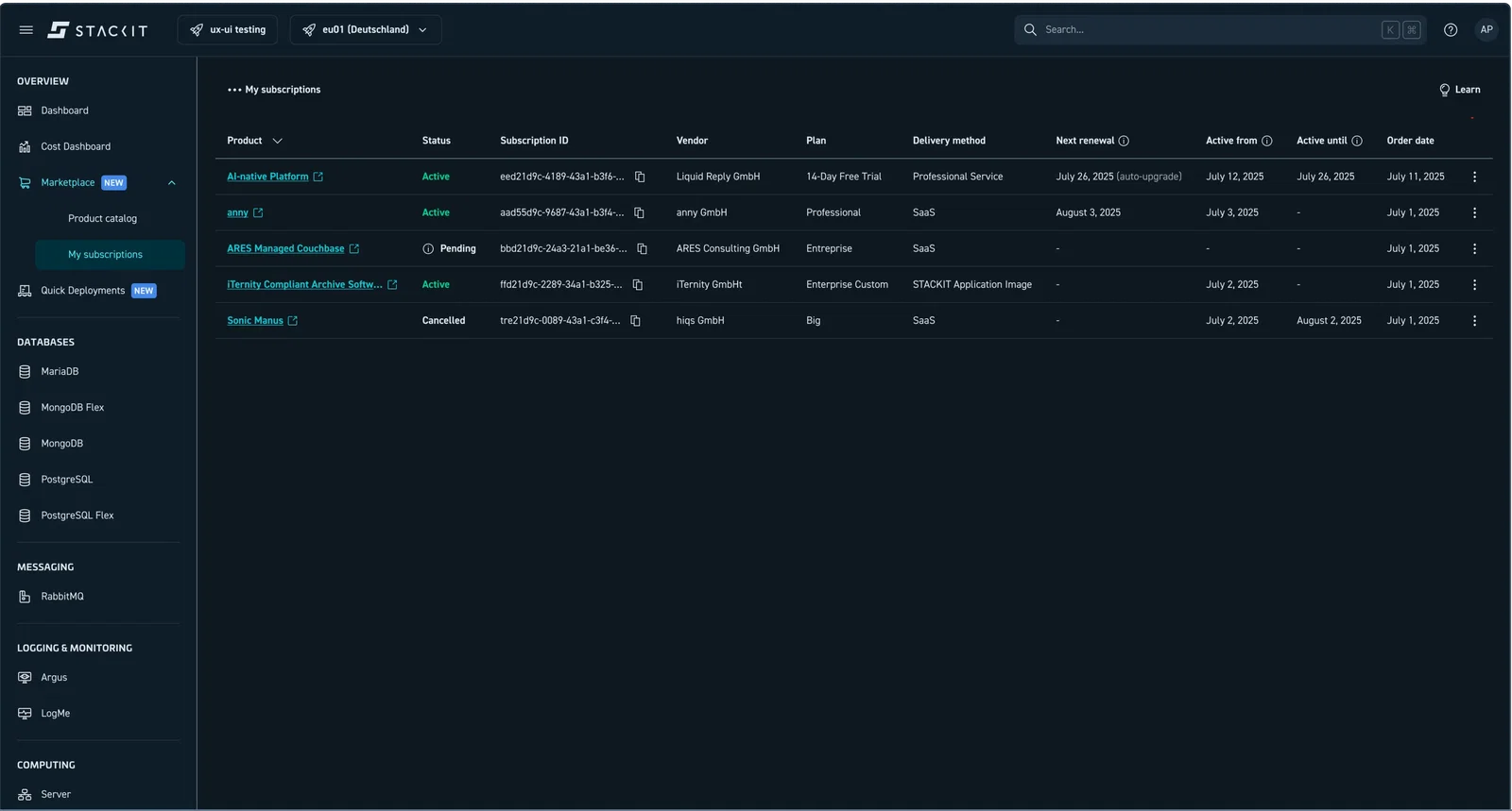 My subscriptions page in the Marketplace
