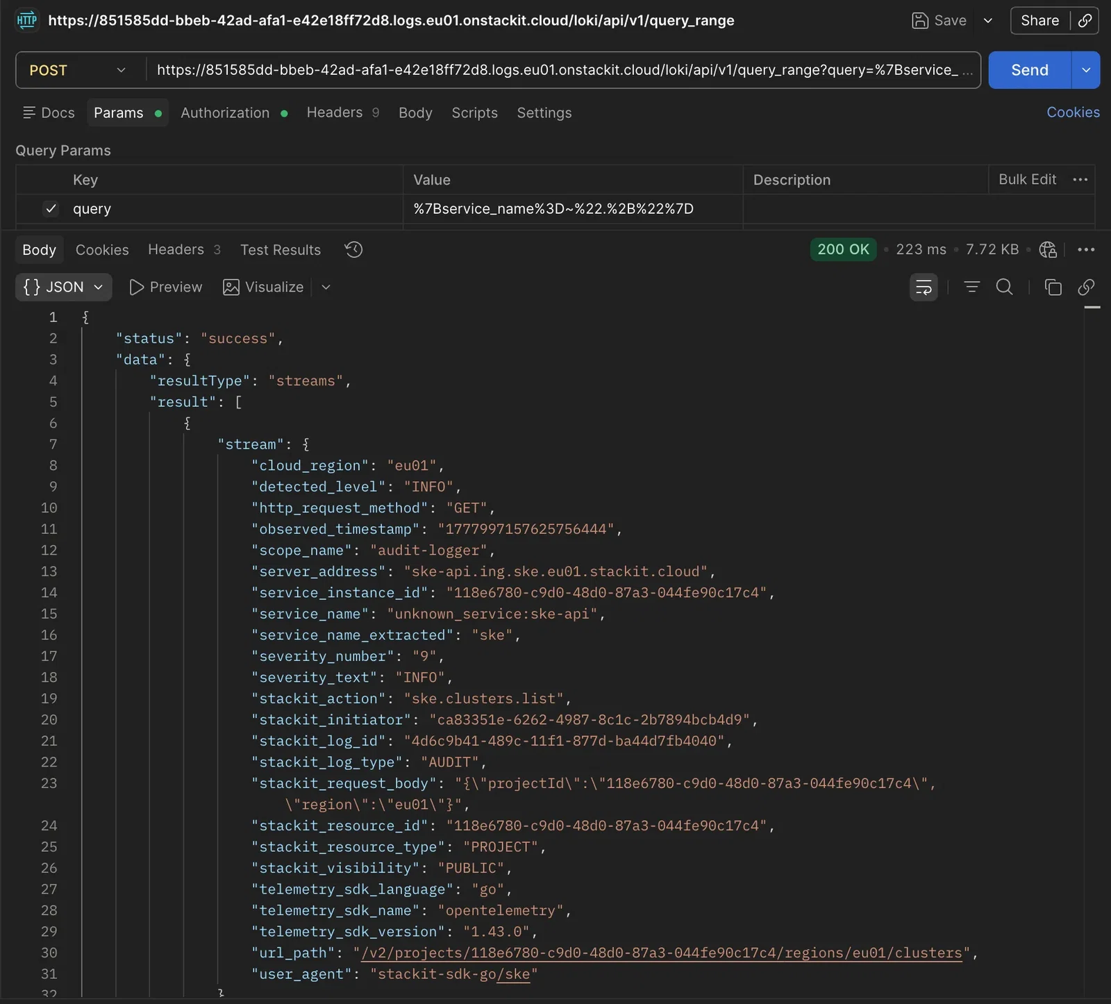 Postman queries STACKIT Logs and shows audit trails in the result