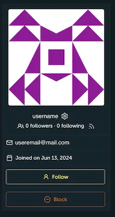 Screenshot of a user profile sidebar card in STACKIT Git. It features an avatar, followed by the text "username", follower counts, email address "useremail@mail.com", and a join date of "Jun 13, 2024". Below the info, there is a "Follow" button and a highlighted red "Block" option button.