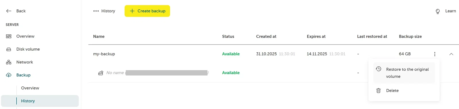 A screenshot showing the backup history and clicking on a backup to restore the backup.